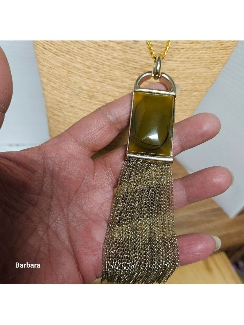 Vintage Faux Olive Green Oblong Tiger Eye Multi-Chain Tassel Pendant Necklace
